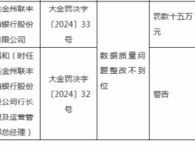 大连金州联丰村镇银行被罚15万元：因数据质量问题整改不到位