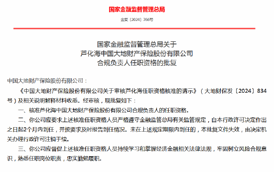 芦化海大地财险合规负责人任职资格获批